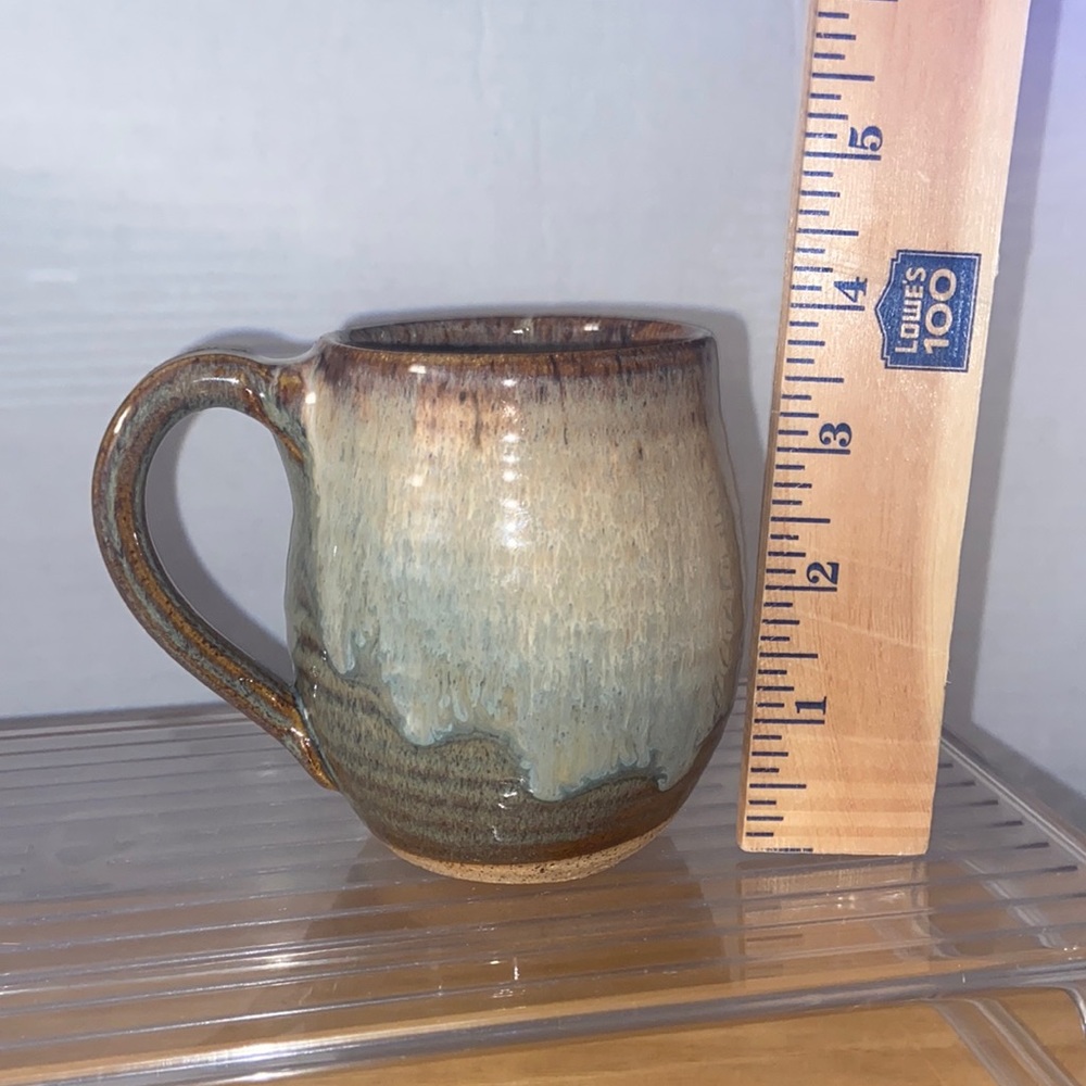 Belly Mug 8oz. Hand made and glazed. Signed with maker. Blue, green, brown glaze